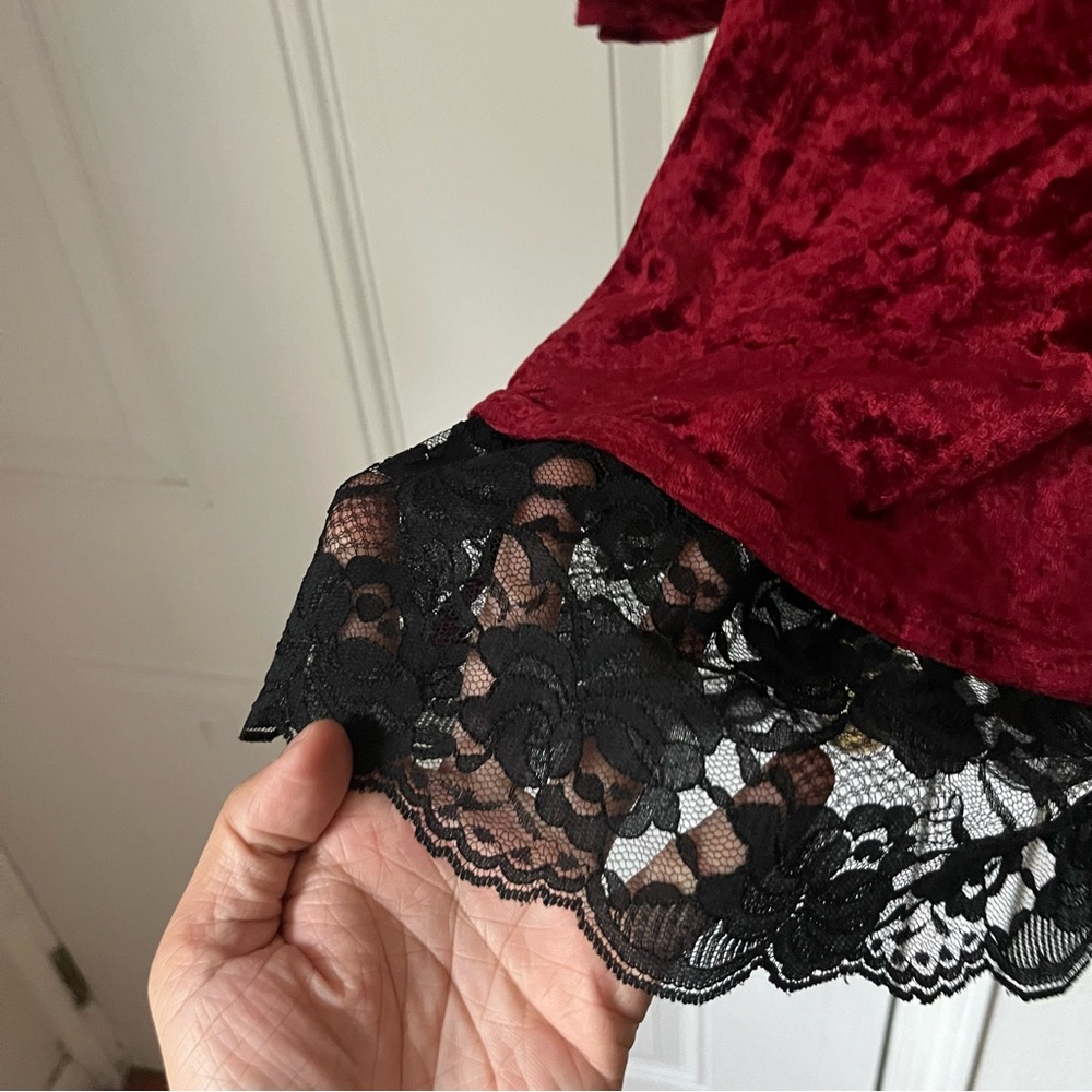 TRIPP NYC‎ vintage velvet magenta burgundy black lace trim layered mini dress - Picture 5 of 10